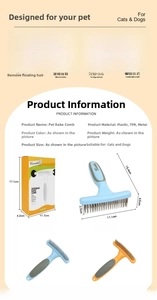 Detail view of pet rake comb with stainless steel pins and color packaging box