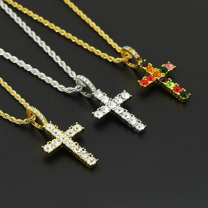 Iced out hip hop cross necklace set in gold and silver finish with sparkling rhinestones