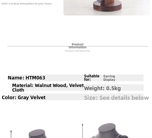 Detail view of walnut wood and grey velvet jewelry neck display stand showing dimensions