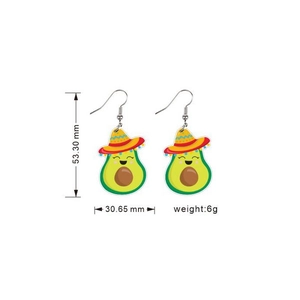 Detailed view of avocado earrings with sombrero showing size 53x30mm and 6g weight