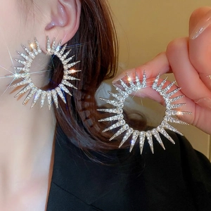 Oversized Sunburst Hoop Earrings Rhinestone Inlaid Alloy With Silver Earring Post Exaggerated Fashion For Women
