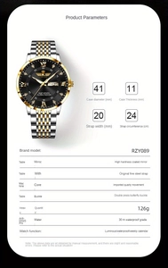 Detailed specs of men's diamond watch with Roman numerals and dual calendar display