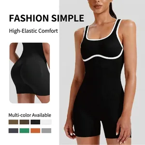 Seamless contrast trim athletic bodysuit for yoga featuring a high-stretch ribbed fabric