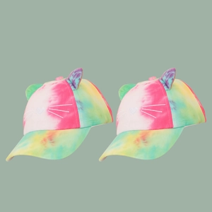 Two kids tie-dye baseball caps with cute cat ears and embroidered heart nose details