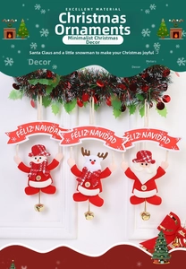 Detail of three plush Christmas ornaments featuring Santa, reindeer, and snowman icons