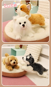 Detailed plush dog set including Corgi and Husky models resting on a cozy pet bed