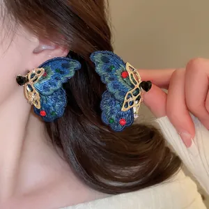 Vintage Asymmetrical Colorful Embroidered Butterfly Stud Earrings With 925 Sterling Silver Post Alloy Rhinestone Women Jewelry