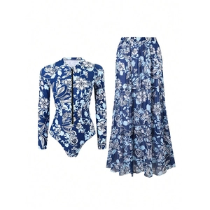 Women Long Sleeve Zipper Rash Guard Bodysuit With Matching Floral Maxi Skirt Beach Vacation Tropical Print Swimwear