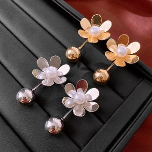 Flower Dangle Earrings With Imitation Artificial Pearl And Silver Earring Post Copper Metal Petal Round Bead Vintage Style For Women