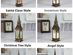 Detail of vintage bronze LED lantern showing Santa, Snowman and Angel figurines inside