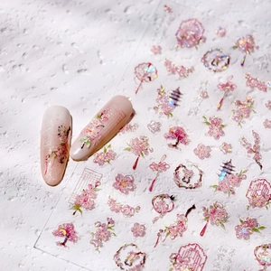 5D embossed cherry blossom nail stickers with floral patterns and pink glitter texture