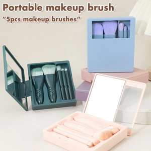 Portable Makeup Brushes With Mirrored Storage Case Synthetic Fiber Soft Bristles Travel Cosmetic Tools For Face Eye