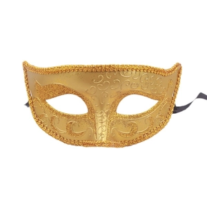 Golden Halloween Masquerade mask with intricate floral relief patterns and black ties