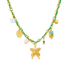 Goldkette mit grüner Kordel, 3D-Schmetterlingen und bunten Blumenanhängern verziert
