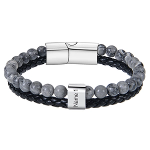 Stainless Steel Natural Stone Bracelet Double Layer Braided Leather Rope With Magnetic Clasp For Men