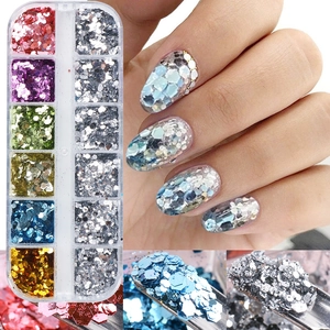 12-grid nail art glitter set featuring multi-color laser hexagon sequins in a storage box