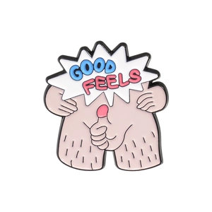 Funny thumbs up enamel pin with Good Feels text for denim jackets and backpacks