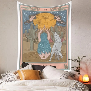 Detail of Moon tarot tapestry with a wolf and moon displayed over a cozy bedroom bed