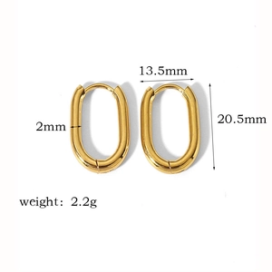Détail de boucles d'oreilles ovales en acier inoxydable doré avec dimensions précises