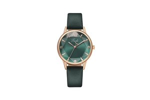 Elegant green quartz watch with faceted dial and green leather strap for women