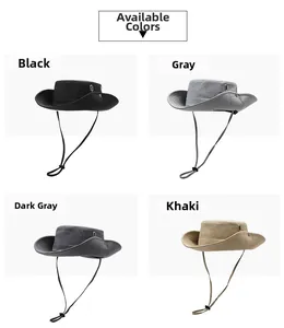 Outdoor sun hats in black, gray, dark gray, and khaki with adjustable chin cords