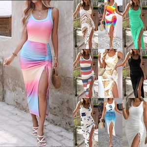 Women Sexy Sleeveless Round Neck Drawstring Ruched Maxi Dress Side Slit Summer Beach Vacation Print Slim Fit Ribbed Cami Dress