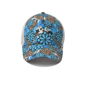Detail of floral and leopard print trucker hat with white mesh back for ponytails