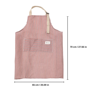 Detail view of waterproof red striped apron showing 70x65 cm dimensions and pocket
