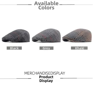 Detail der Wollstoffstruktur von Schiebermützen in Schwarz, Grau und Khaki Karo