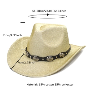 Cappello da cowboy dorato glitter per uomo e donna con fascia decorativa in metallo