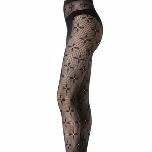 Schwarze Gothic-Netzstrumpfhose mit strassbesetzten Kreuzblumen-Mustern