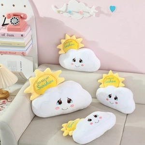 Detailed plush set featuring white smile clouds and yellow You Are My Sunshine sun pillows