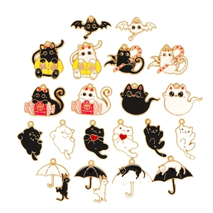 Set of 20 Halloween black and white cat alloy enamel charms for DIY jewelry making