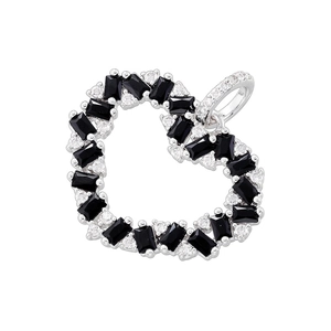 Detail of silver heart pendant with black rectangular gemstone and white round diamonds