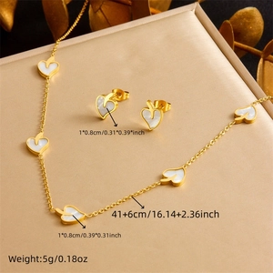 Golden stainless steel jewelry set with white shell heart necklace and stud earrings