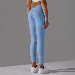 Detail view of high waist V-cut yoga pants with scrunch butt lift in light blue