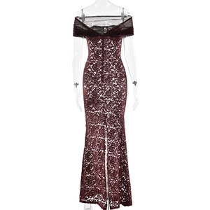 Detailed back view of wine red lace evening dress with black mesh straps and split hem