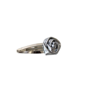 Silver 3D rose flower hair clip made of premium black PU leather in minimalist style