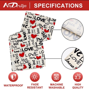 Detail of waterproof Valentine's table runner with red hearts and LOVE text pattern