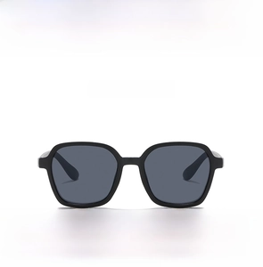 Front view detail of square frame kids sunglasses with black frames and grey lenses