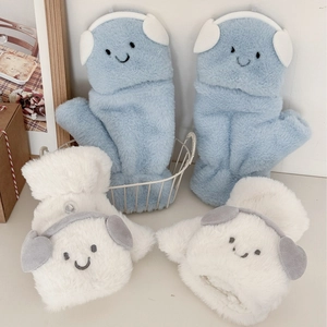 Cute Cartoon Dog Plush Convertible Gloves Fleece Lined Thickened Warm Half Finger Flip Top Mittens For Women