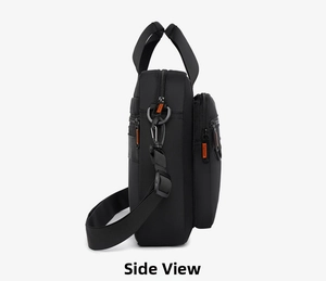Side view of black business messenger bag with orange zippers and multiple compartments