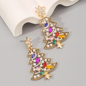 Christmas tree earrings with colorful crystals and pearls on a gold frame backdrop