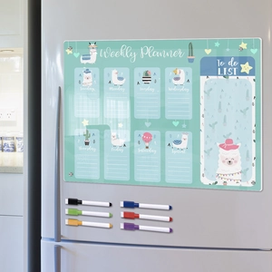 Magnetic weekly planner set with 6 markers on a fridge featuring alpaca and cactus themes