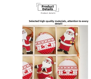Detail view of cartoon gnome and snowflake wooden Christmas ornaments in a grid gift box