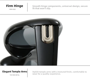 Detail of the firm metal hinge and textured U-shaped silver decoration on black temples