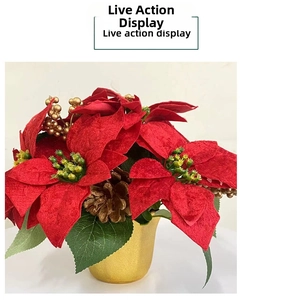 Close-up of artificial red velvet poinsettia in golden pot with pine cones and gold berries