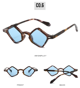 Three views of tortoise shell sunglasses with blue geometric diamond-shaped lenses