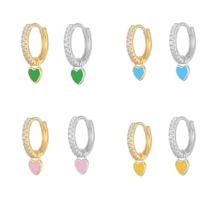 Enamel heart earrings with zircon inlay in gold and silver finish, multiple colors