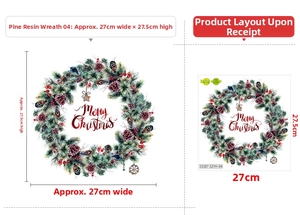 Detailed size chart for Christmas wreath wall sticker with pine cones and Merry Christmas text
